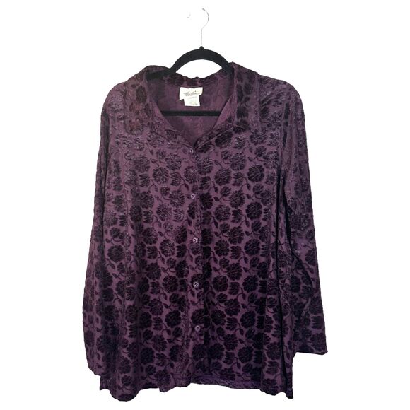 Kathie Lee Vintage Purple Floral Velvet Burnout Shirt Shacket Long Sleeve 14/16W - Picture 1 of 5